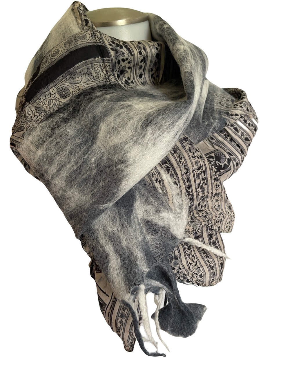 Nuno Felted Silk & Merino Wool Gray, Cream & Black Patterned Women's Scarf